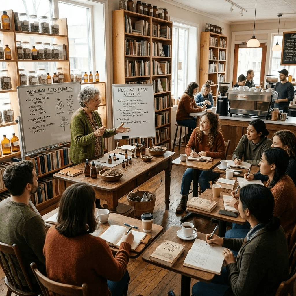 Group learning medicinal herb curation from instructor in bookstore café